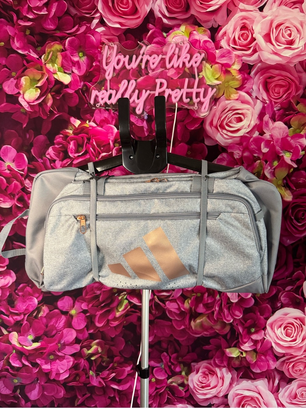 adidas Light Gray Travel Duffel with Rose Gold Logo